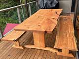 Our kitset table and bench seat frames supporting natural edge slab tops